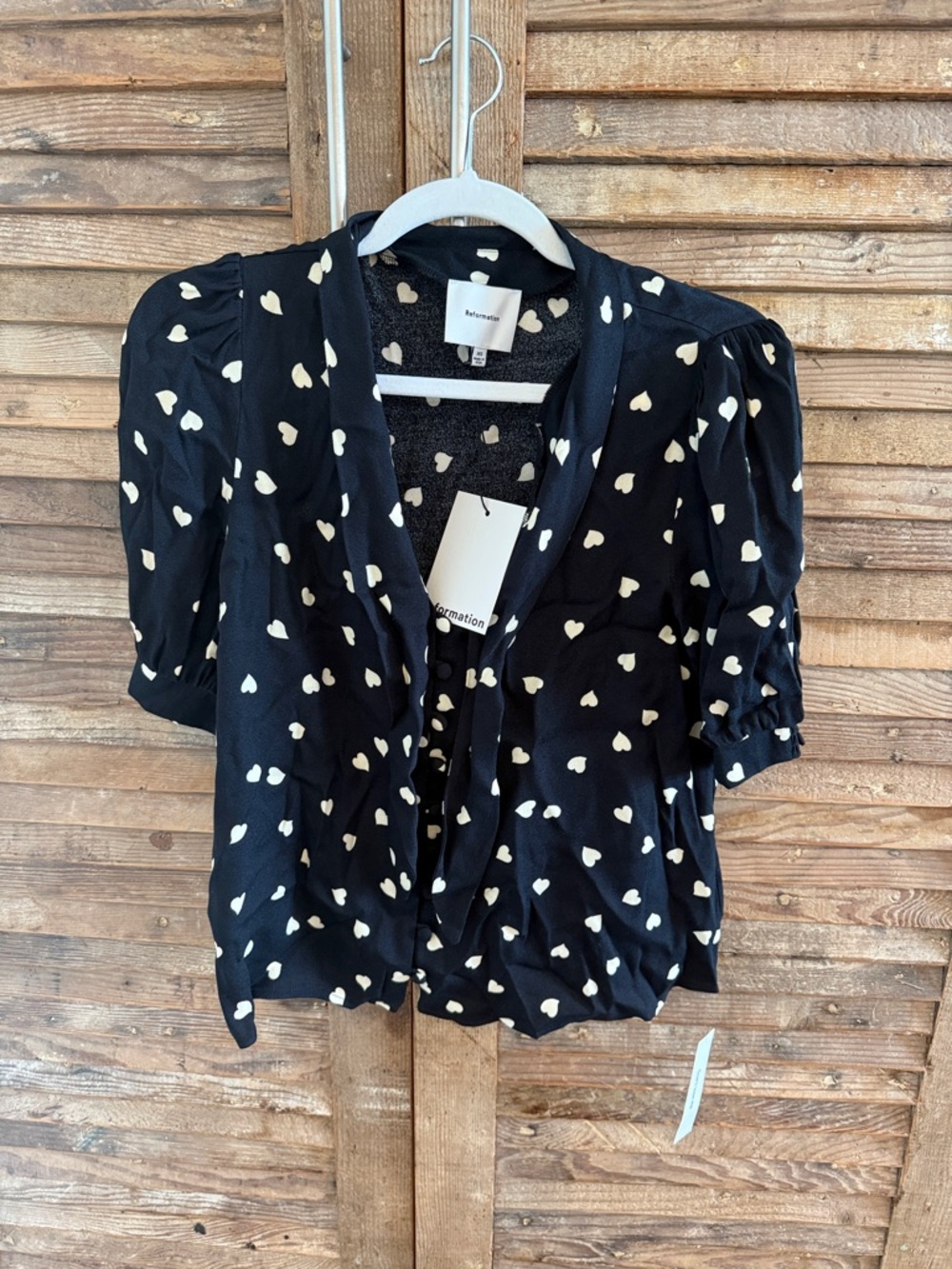 Reformation Black Blouse with Cream Heart Print